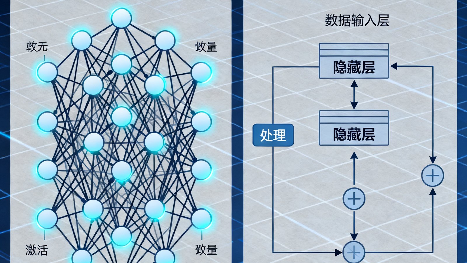 球琛AI预测模型技术解析文章配图，展示神经网络结构示意图与数据流图，科技感十足